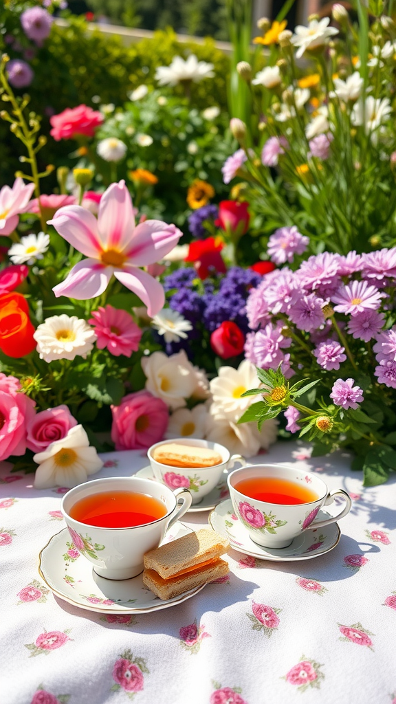 15 Creative Afternoon Tea Theme Ideas to Delight Your Guests A garden tea gathering with floral background, featuring tea cups and light snacks.