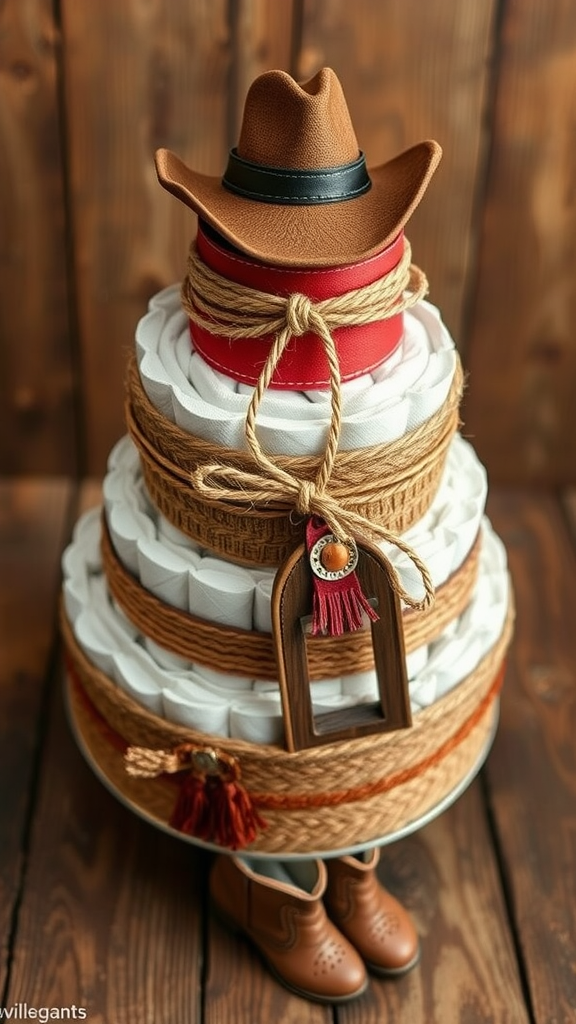 15 Creative Cowboy Themed Diaper Cake Ideas A cowboy-themed diaper cake featuring three tiers made of rolled diapers, adorned with twine, a cowboy hat, and wooden accents.
