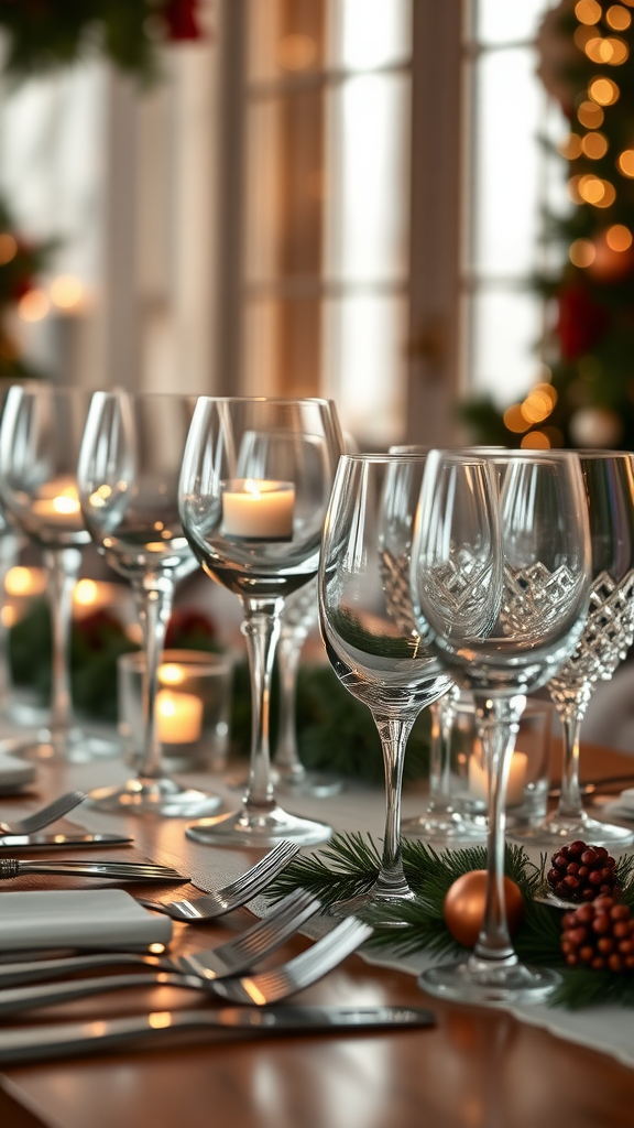 20 Elegant Christmas Dining Table Décor Ideas A beautifully set dining table with various glassware and candles, perfect for a festive occasion.