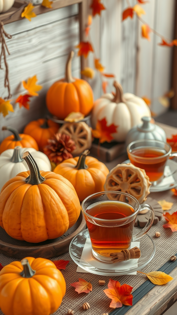 15 Creative Afternoon Tea Theme Ideas to Delight Your Guests A cozy autumn tea setting featuring pumpkins, tea cups, and fall leaves.