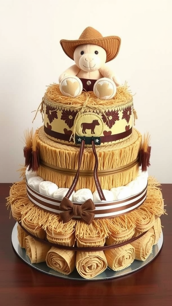 15 Creative Cowboy Themed Diaper Cake Ideas A diaper cake designed to look like hay bales, featuring a plush bear wearing a cowboy hat on top.