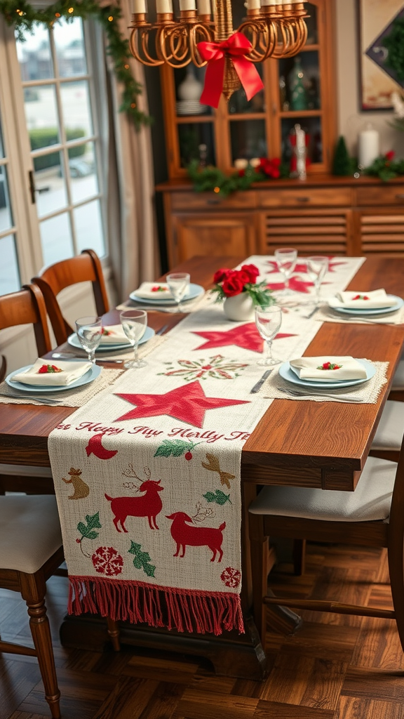 15 Spectacular Christmas Dining Table Decor Ideas to Celebrate the Season A beautifully set dining table with a holiday-themed table runner featuring reindeer and stars.