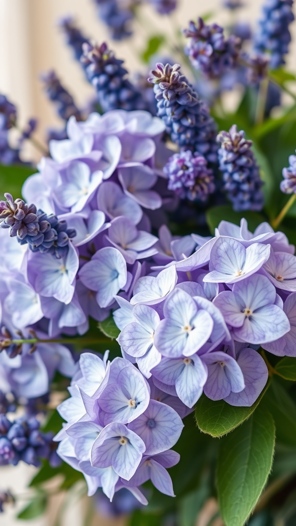 20 Stunning Hydrangea Bouquets for Every Occasion A serene bouquet featuring blue and white hydrangeas alongside lavender.