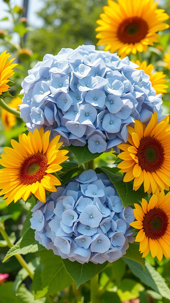 20 Stunning Hydrangea Bouquets for Every Occasion A vibrant arrangement of blue hydrangeas surrounded by bright yellow sunflowers, showcasing summer beauty.