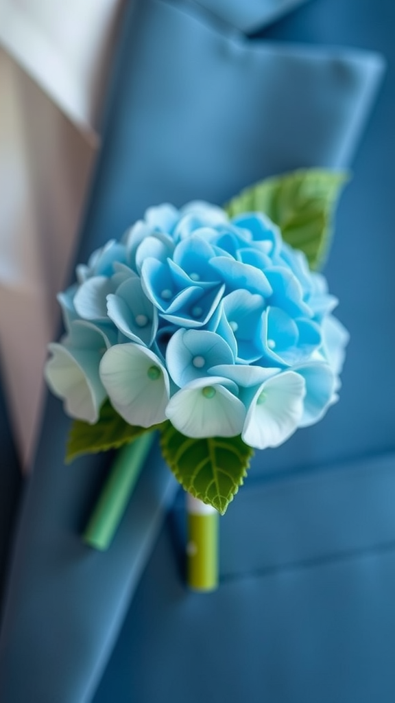 20 Stunning Hydrangea Bouquets for Every Occasion A blue hydrangea boutonniere placed on a blue fabric, featuring vibrant petals and green leaves.