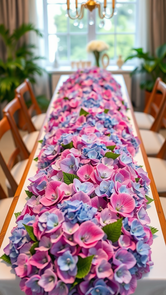 20 Stunning Hydrangea Bouquets for Every Occasion A table decorated with a vibrant hydrangea table runner featuring pink and blue flowers.