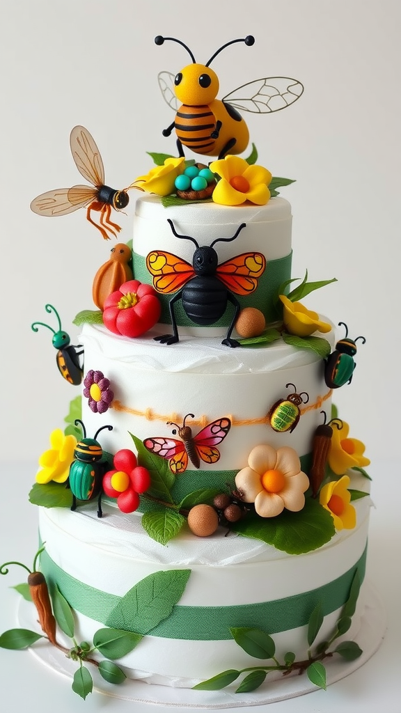 15 Creative Animal Diaper Cake Ideas A colorful diaper cake decorated with insect figures, flowers, and leaves.