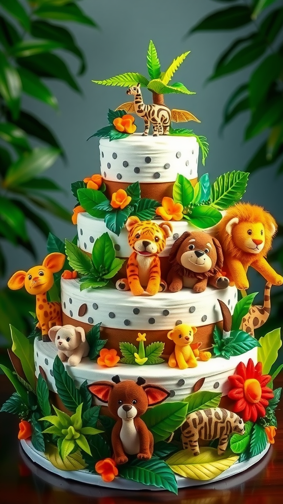 15 Creative Animal Diaper Cake Ideas A colorful jungle-themed diaper cake with animal figures and greenery.