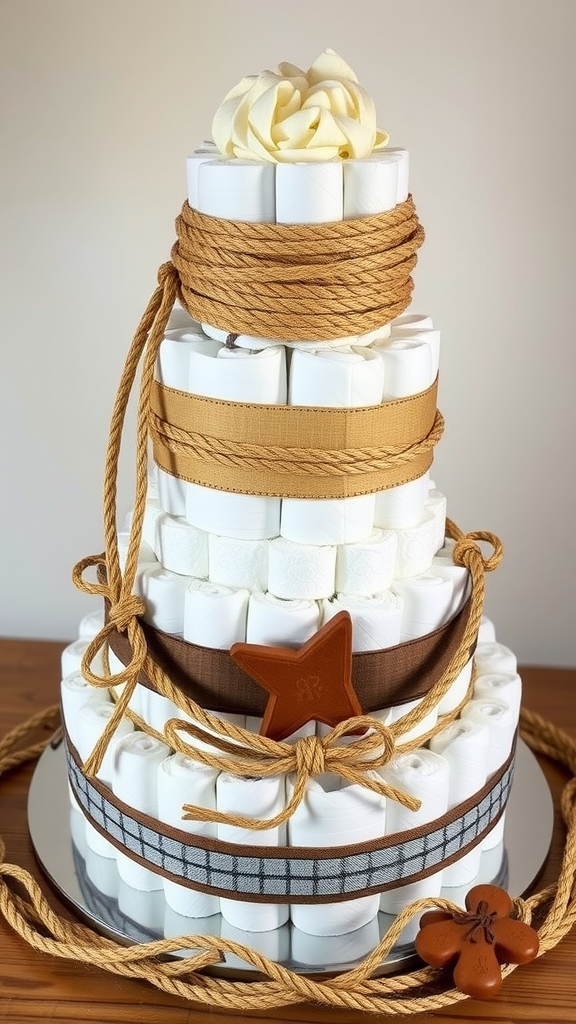 15 Creative Cowboy Themed Diaper Cake Ideas A tiered diaper cake with a cowboy theme, featuring rolled diapers, rope, and star decorations.