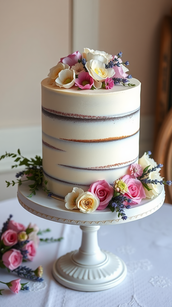15 Stunning Lavender Wedding Ideas A beautifully decorated lavender wedding cake adorned with flowers on a cake stand.
