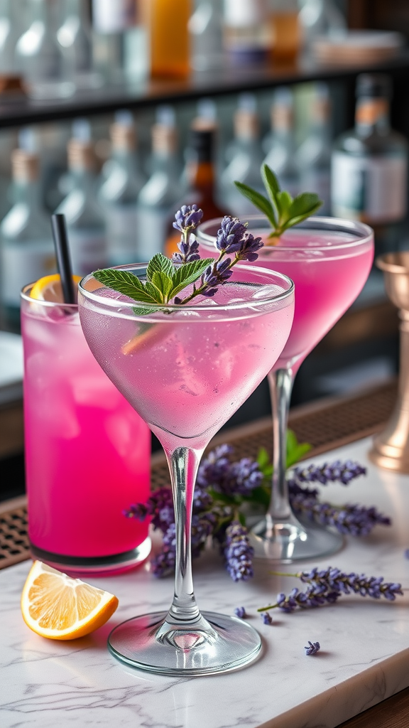 15 Stunning Lavender Wedding Ideas Lavender-themed cocktails with garnishes and lemon slices on a marble bar