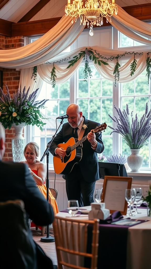 15 Stunning Lavender Wedding Ideas A musician performs at a lavender-themed wedding reception