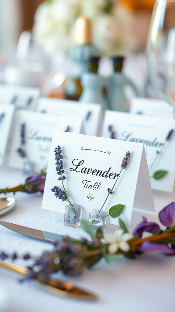 15 Stunning Lavender Wedding Ideas Elegant place cards featuring lavender and herbs for a wedding reception.