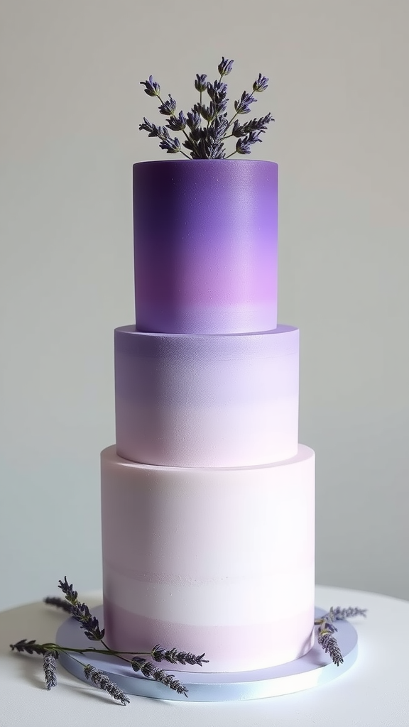 10 Elegant Wedding Cakes A three-tier cake with a lavender and vanilla ombre design, topped with lavender sprigs.
