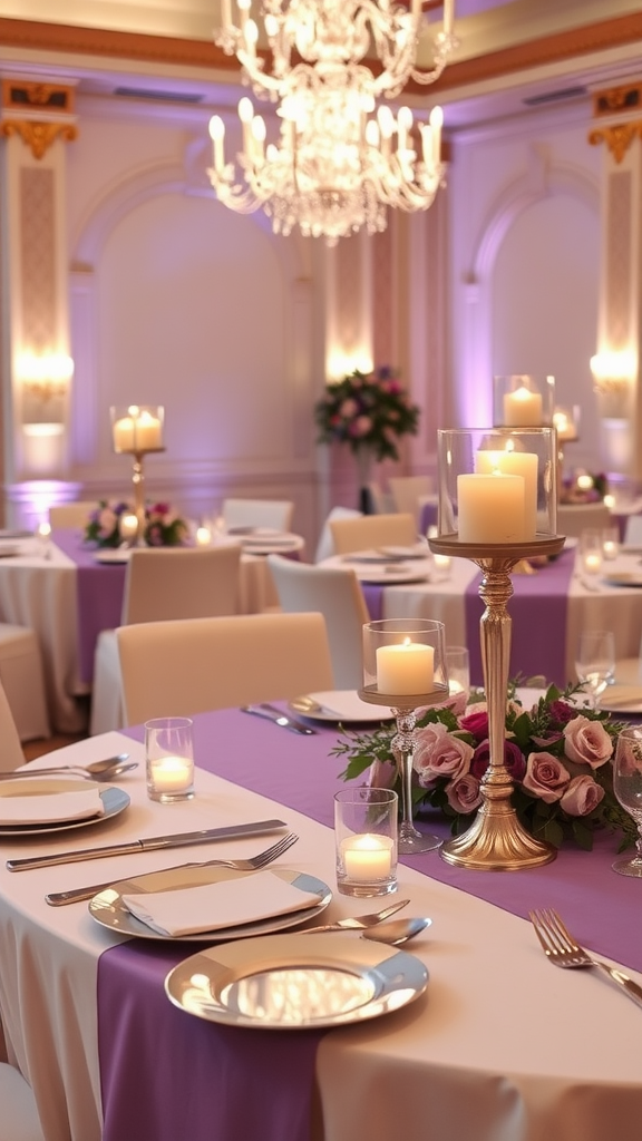 15 Stunning Lavender Wedding Ideas Beautifully arranged reception tables with lavender decor, elegant candles, and floral centerpieces.
