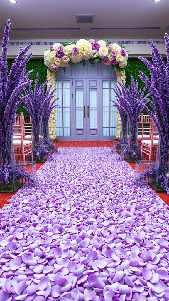 15 Stunning Lavender Wedding Ideas Lavender petal aisle runner with flowers and chairs on either side