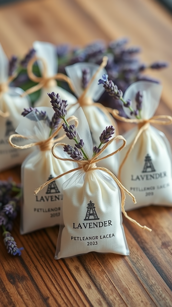15 Stunning Lavender Wedding Ideas Lavender scented favor bags tied with twine on a wooden table