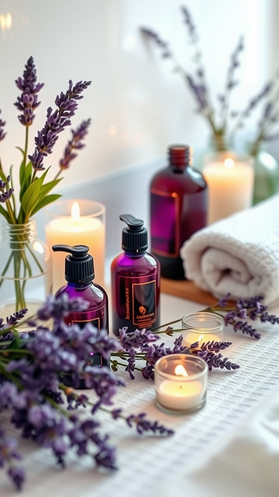 15 Stunning Lavender Wedding Ideas Lavender spa setup with candles and essential oils for a relaxing day