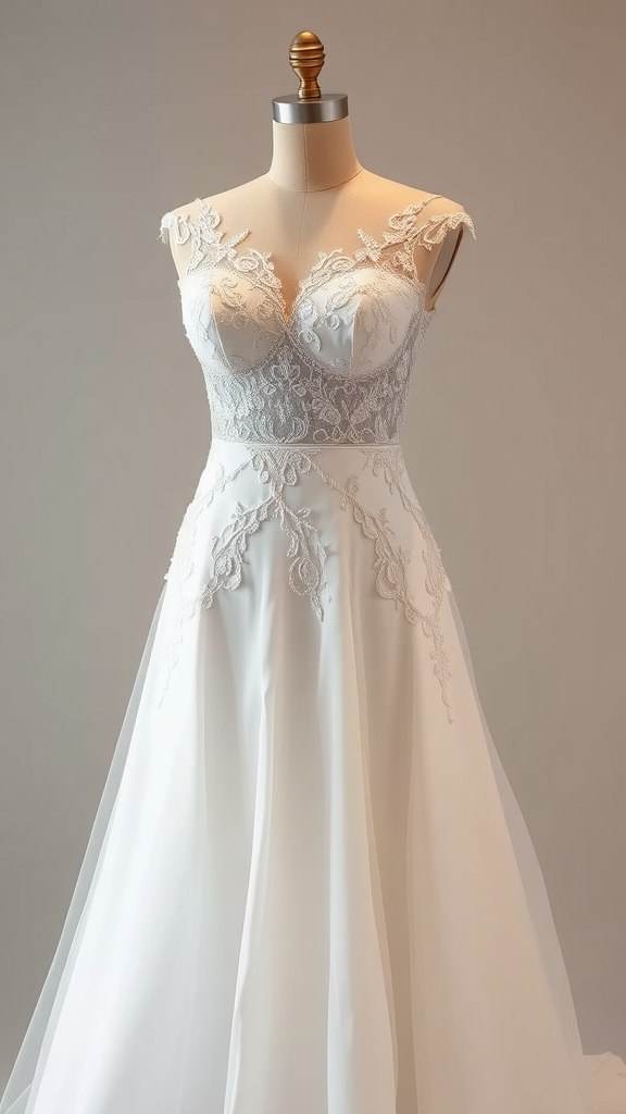 15 Stunning Lavender Wedding Ideas A beautiful wedding dress with intricate lace details and flowing fabric.