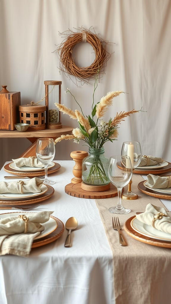 15 Spectacular Christmas Dining Table Decor Ideas to Celebrate the Season Elegant dining table set with layered textures featuring a flower centerpiece, wooden plates, and a burlap table runner.