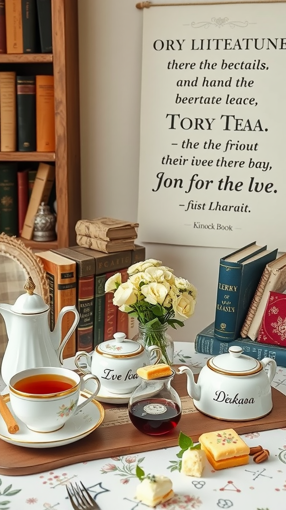 15 Elegant Mother's Day Tea Party Themes to Celebrate Mom A cozy tea setting with teapots, cups, and a vase of flowers, surrounded by books.