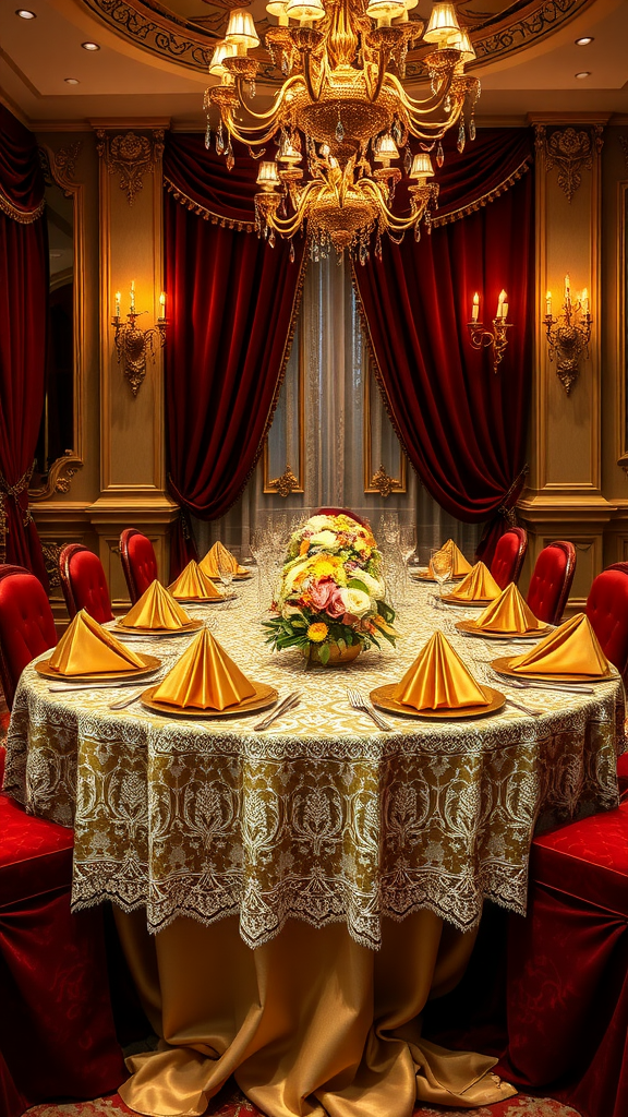 20 Elegant Christmas Dining Table Décor Ideas Luxurious dining table set with golden linens and red decor