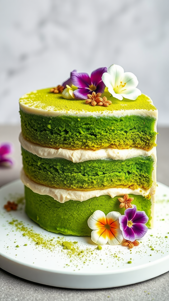 20 Creative Ideas for a Zero Birthday Cake Celebration A beautifully decorated matcha green tea cake with edible flowers on top