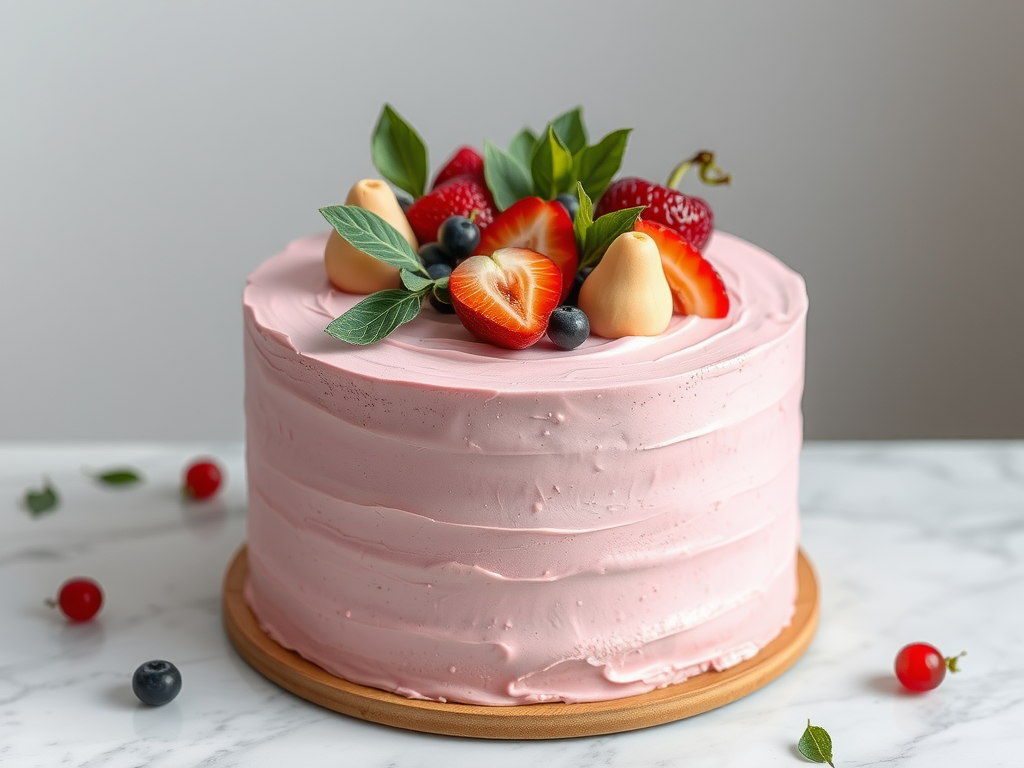 15 Stunning Pink Wedding Cake Ideas A simple pink cake topped with fresh strawberries, blueberries, and other fruits on a wooden plate.