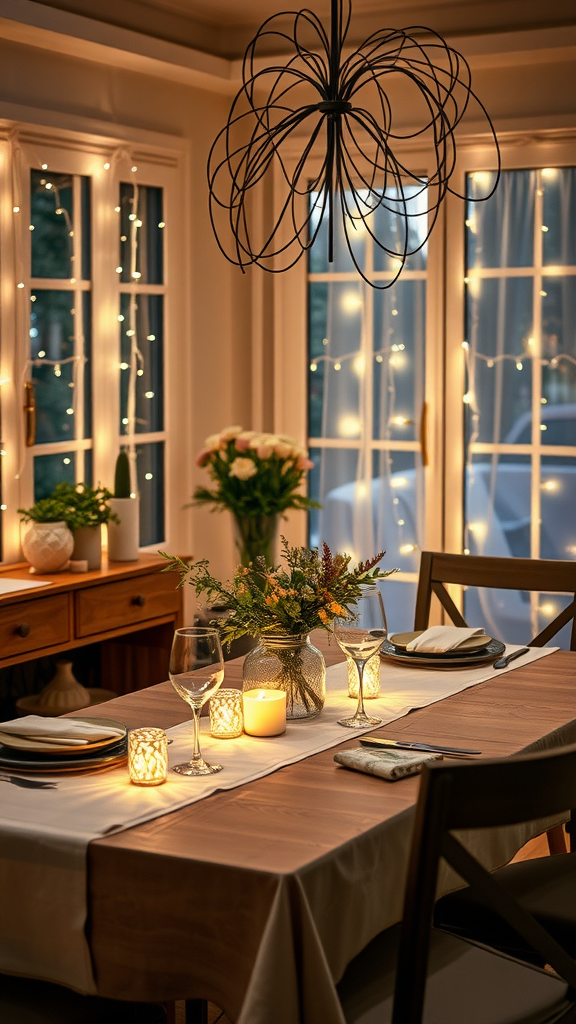 20 Elegant Christmas Dining Table Décor Ideas A cozy dining table illuminated by fairy lights with candles and flowers, creating a warm atmosphere.