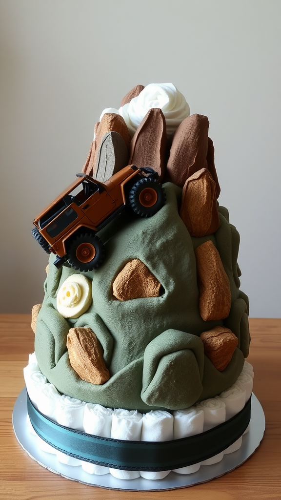 15 Creative Jeep-themed diaper cakes for Jeep Lovers A diaper cake designed like a mountain with a toy Jeep on top