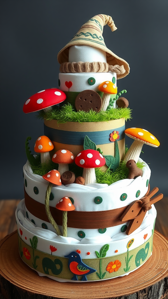 15 Adorable Mushroom Diaper Cake Ideas A whimsical mushroom-themed diaper cake, featuring colorful felt mushrooms, soft diapers, and cute woodland decorations.