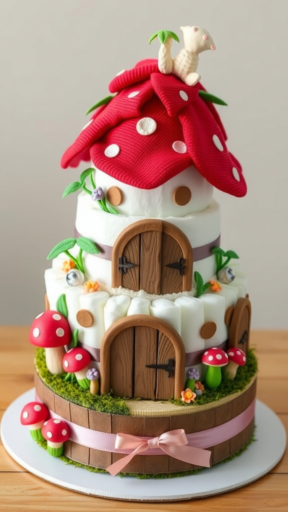 15 Adorable Mushroom Diaper Cake Ideas Mushroom fairy house diaper cake with red roof and tiny mushroom decorations