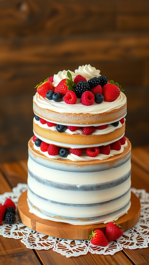 10 Elegant Wedding Cakes Three-layer naked cake topped with fresh berries on a wooden platform