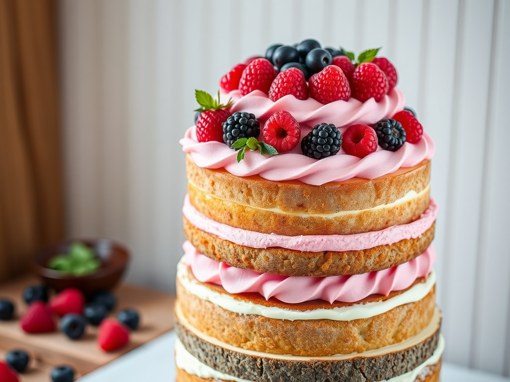 15 Stunning Pink Wedding Cake Ideas Naked cake with pink buttercream and fresh berries on top.