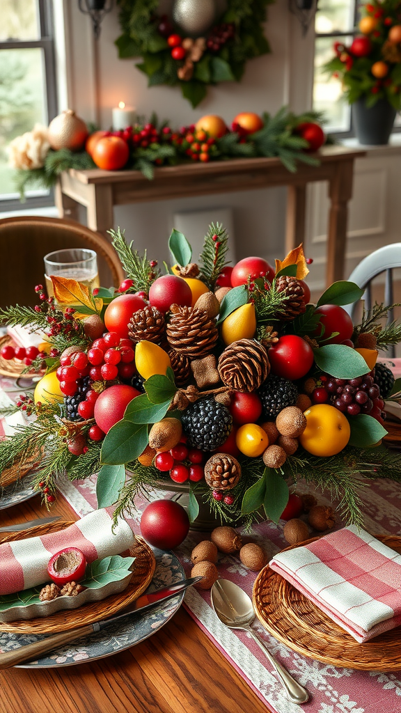 15 Spectacular Christmas Dining Table Decor Ideas to Celebrate the Season A beautifully arranged centerpiece of fruits and nuts for a festive dining table.