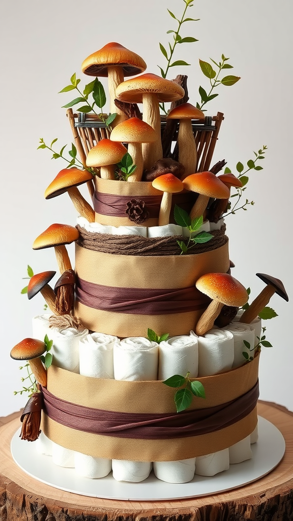 15 Adorable Mushroom Diaper Cake Ideas A three-tiered diaper cake decorated with realistic mushrooms and greenery on a wooden base.