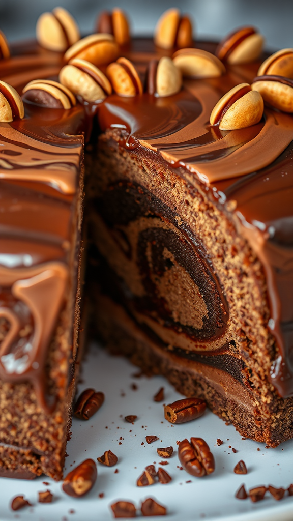 20 Creative Ideas for a Zero Birthday Cake Celebration A delicious Nutella Swirl Cake with chocolate glaze and nuts on top, showcasing a rich swirl inside.