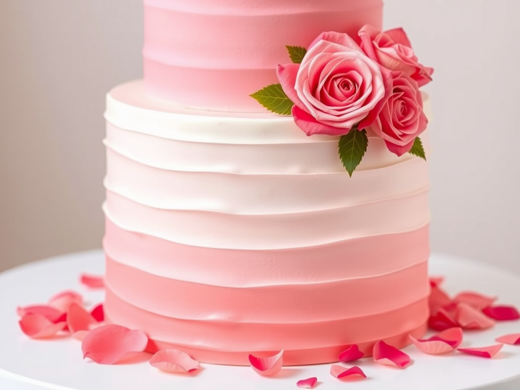 15 Stunning Pink Wedding Cake Ideas A two-tier cake with an ombre pink design, decorated with pink roses and rose petals.