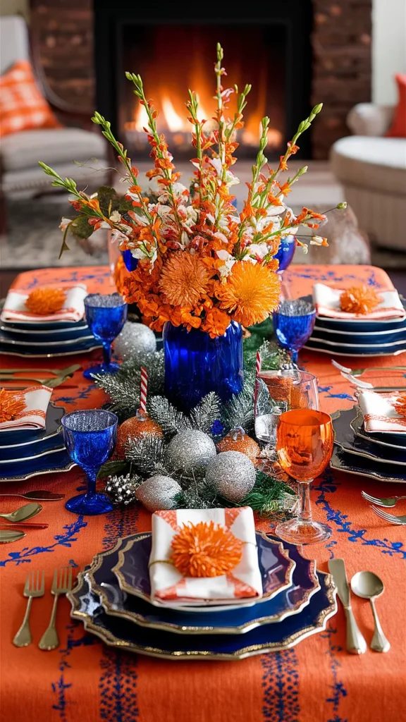 25+ Christmas Table Blue Ideas! orange and blue christmas table