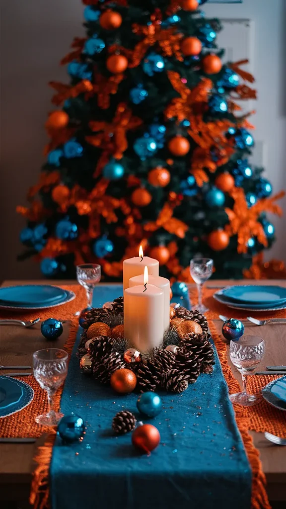 25+ Christmas Table Blue Ideas! orange and blue christmas table
