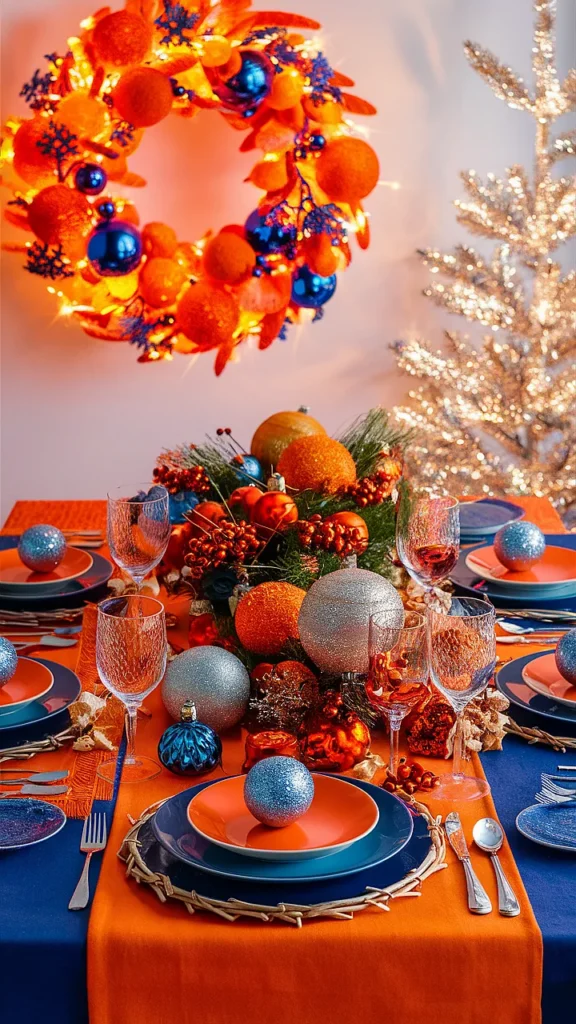 25+ Christmas Table Blue Ideas! orange and blue christmas table