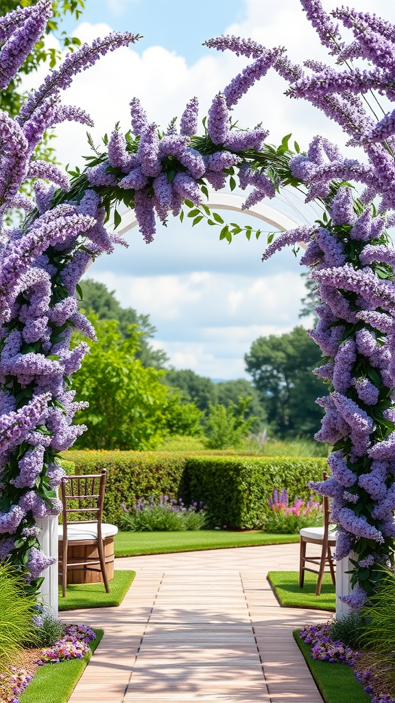 15 Stunning Lavender Wedding Ideas A beautiful outdoor wedding ceremony arch adorned with lavender flowers, leading to a lush garden setting.