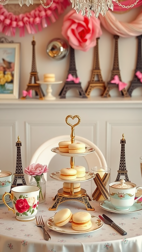 15 Elegant Mother's Day Tea Party Themes to Celebrate Mom A beautifully arranged tea table with macarons, floral cups, and Eiffel Tower decorations for a Parisian-themed tea party.