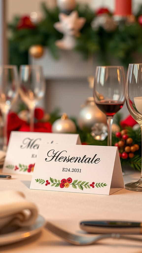 15 Spectacular Christmas Dining Table Decor Ideas to Celebrate the Season A beautifully set dining table with personalized place cards for Christmas dinner.