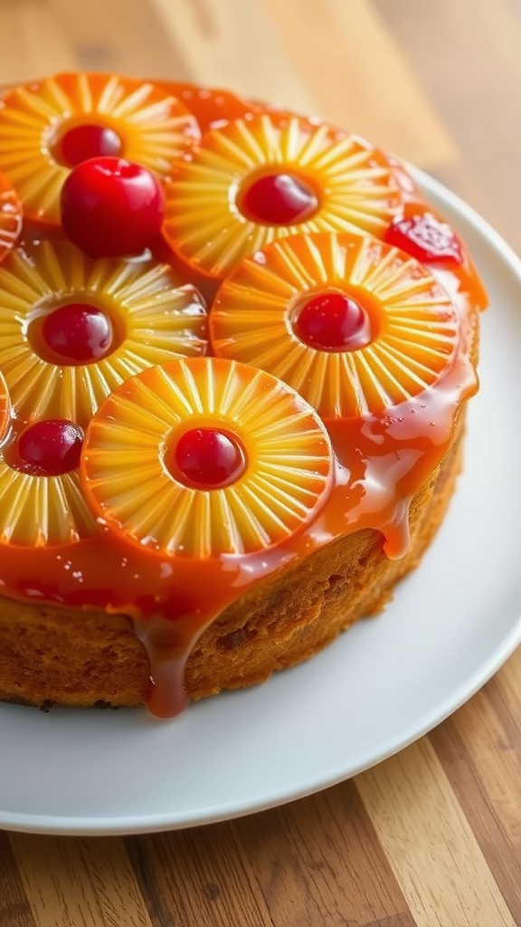 20 Creative Ideas for a Zero Birthday Cake Celebration A delicious pineapple upside down cake topped with pineapple rings and cherries on a white plate.