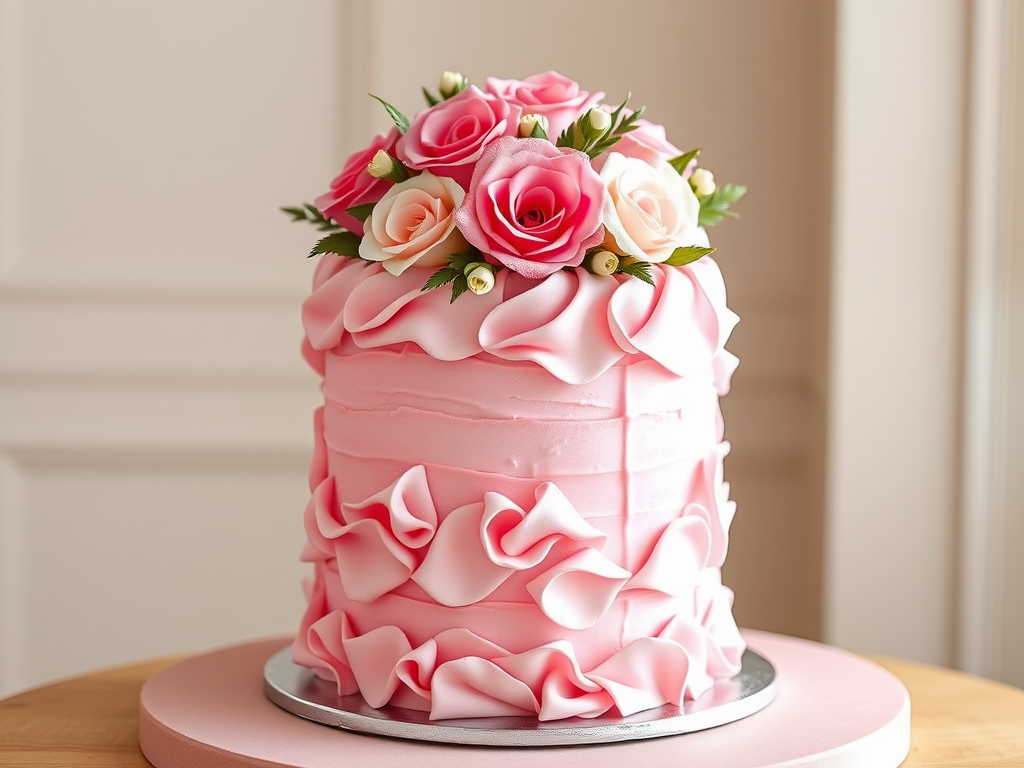 15 Stunning Pink Wedding Cake Ideas A beautifully decorated cake with pink buttercream ruffles and floral decorations on top.