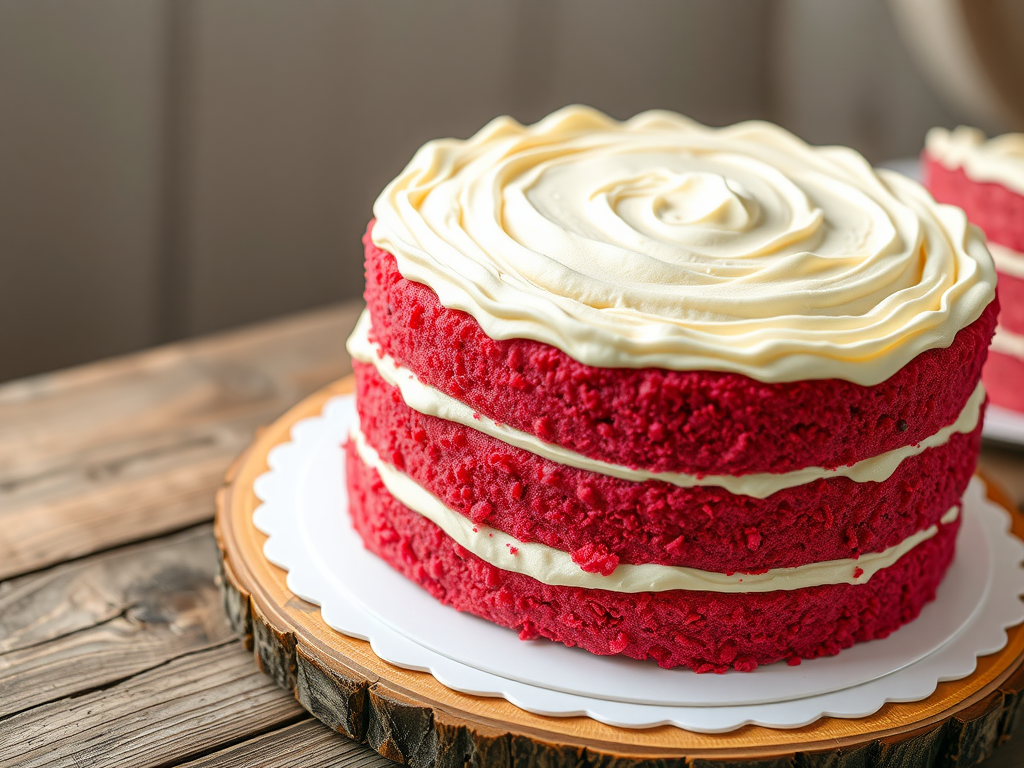 15 Stunning Pink Wedding Cake Ideas A three-layer pink velvet cake with cream cheese frosting on a wooden cake stand.