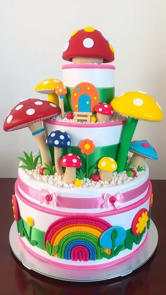 15 Adorable Mushroom Diaper Cake Ideas Colorful mushroom-themed diaper cake with a rainbow design