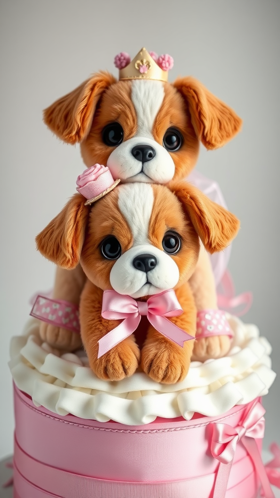 15 Creative Animal Diaper Cake Ideas A cute diaper cake featuring plush puppies in crowns, decorated with pink ribbons and accents.