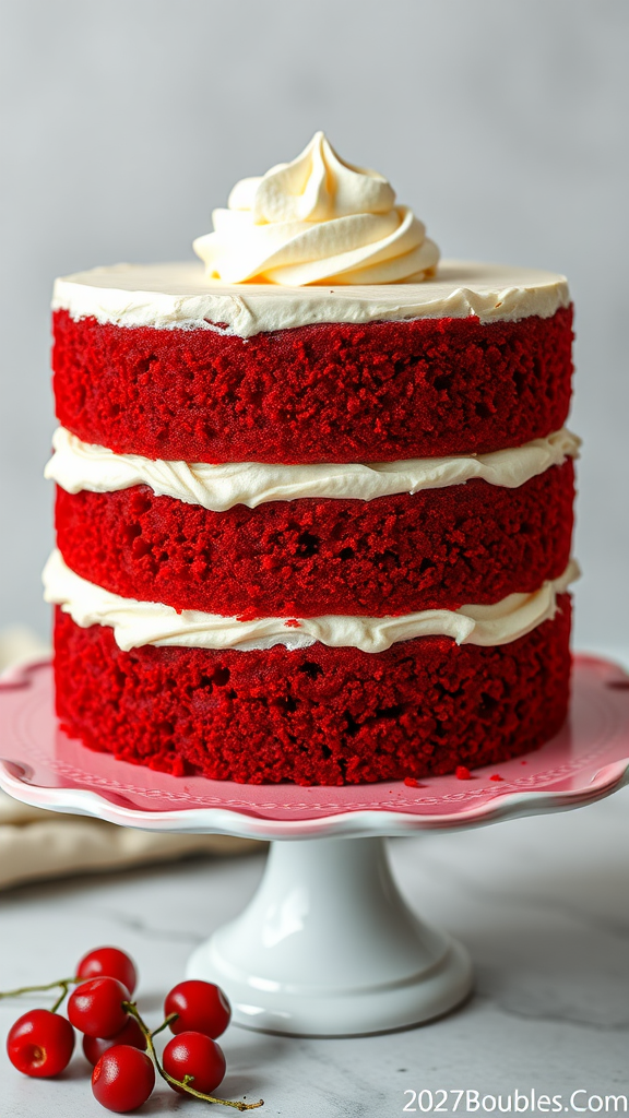 20 Creative Ideas for a Zero Birthday Cake Celebration A three-layer red velvet cake with cream cheese frosting on a pink cake stand. zero birthday cake